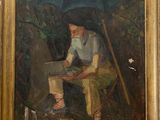 painting of a man sitting on a chair with a laptop in his lap