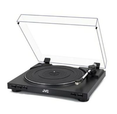 a black turntable with a clear cover on top of it