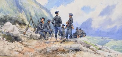 a painting of a group of men standing on a mountain