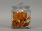 a glass jar with some orange flowers inside of it
