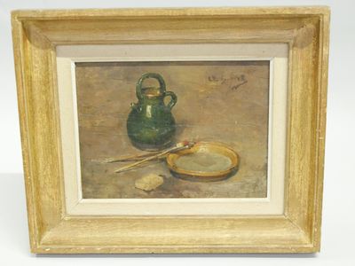 painting of a green vase with a spoon and a spoon rest on a table