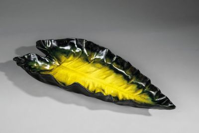 plat jaune et noir en forme de feuille sur un fond blanc