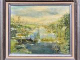 une peinture à l'huile représentant une scène de rivière avec un bateau dans l'eau