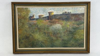 an oil painting of a train on a track in a field