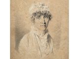 an old drawing of a woman in a white dress