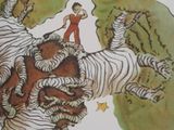 a drawing of a man standing on a tree with a tiger