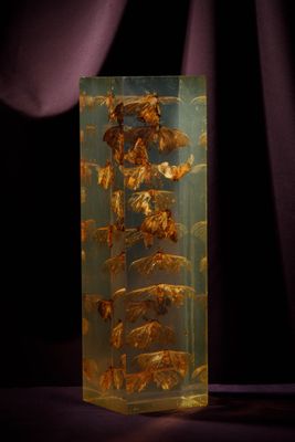 a glass vase filled with dried leaves on a table