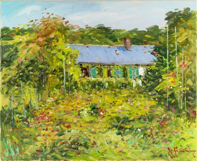 une peinture à l'huile représentant une maison dans un champ de fleurs