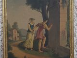 un vieux tableau représentant un homme et une femme debout près d'un arbre