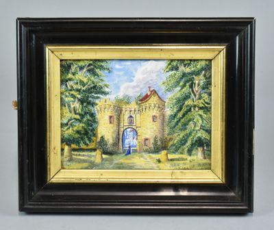 an oil painting of a castle with a blue door in a black frame