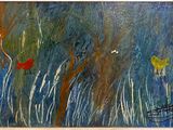 un tableau représentant un oiseau et un oiseau dans l'herbe