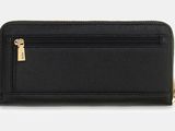 a black leather wallet with a gold zipper on the front
