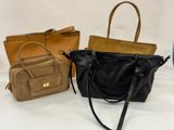 three purses and a handbag on a white background