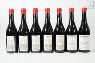 six bouteilles de vin rouge alignées sur une surface blanche