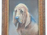 an oil painting of a dog in a frame on a white background