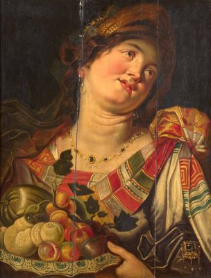 une peinture à l'huile représentant une femme tenant un plateau de fruits