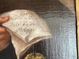 painting of a man holding a piece of paper with writing on it