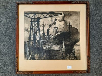 painting of a ship in a frame on a carpeted floor