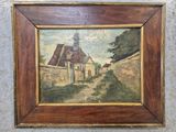 an old painting of a village with a church in the background