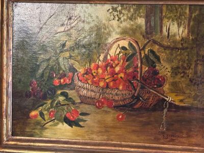 tableau représentant un panier de cerises et des cerises posées sur une table