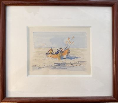 framed watercolor painting of three people in a boat on the beach