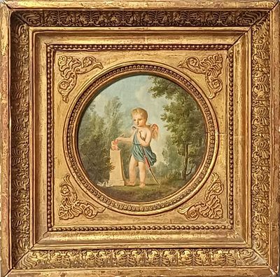 painting of a boy with a dog in a wooded setting