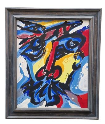 abstract painting of a man with a guitar in a black frame