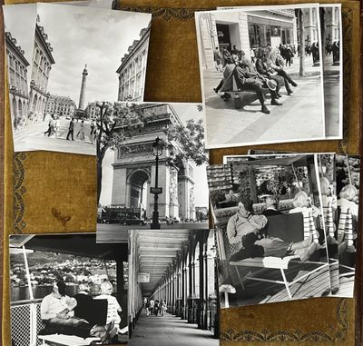 several black and white photos of people sitting on a bench in front of a building