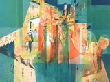 a picture of a painting of a building with people on it