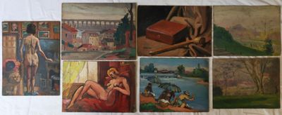 six tableaux représentant une femme assise sur un lit