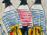 painting of three men in striped shirts and yellow pants with black hats