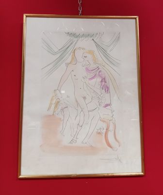 tableau représentant une femme à cheval, accroché à un mur rouge