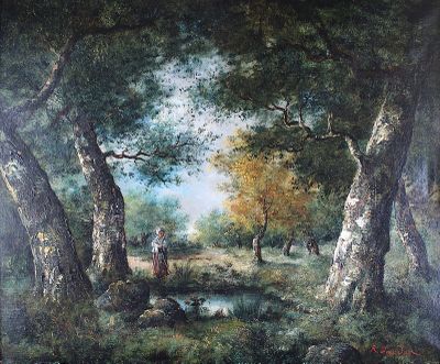 tableau représentant un homme et une femme dans un paysage boisé avec un ruisseau
