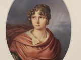 portrait of a woman in a red shawl by a gold frame