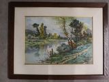 framed picture of a painting of a river and trees in a wood frame