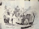 sketches of a drawing of a village with a church in the background