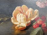 a painting of oranges and strawberries on a table