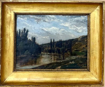painting of a landscape with a river and trees in a gold frame
