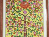painting of a tree with a bird on top of it in a wooden frame