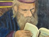 an oil painting of a man reading a book in a chair