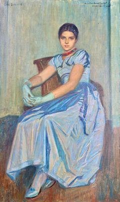 a painting of a woman in a blue dress sitting on a chair