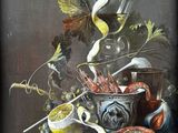 a painting of a bowl of food and a glass of wine on a table