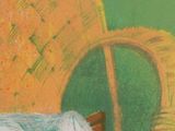 painting of a white cat sleeping on a chair in a green room
