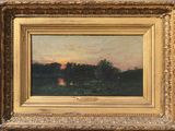 a painting of a sunset over a lake with trees in the background