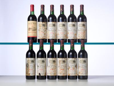 six bottles of red wine are lined up on a shelf