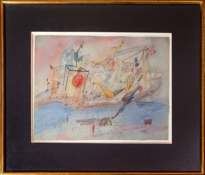 peinture d'un bateau sur un plan d'eau avec un bâtiment en arrière-plan