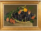 painting of a basket of fruit with oranges and plums on a table