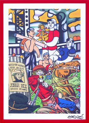 a painting of a group of cartoon characters in a red frame