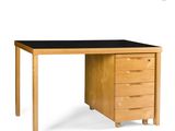 an image of a wooden desk with a black top and drawers
