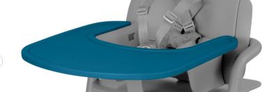 a baby high chair with a blue tray on it